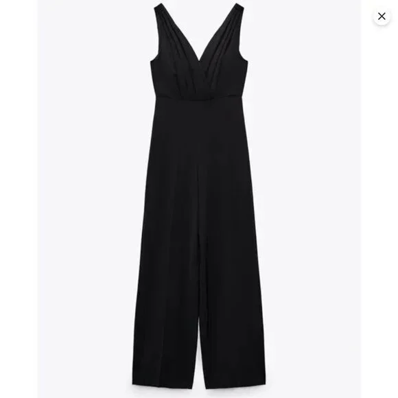 ZARA Sleeveless Pleated Front Wide Leg Jumpsuit in Black Size M MWT - Picture 2 of 6
